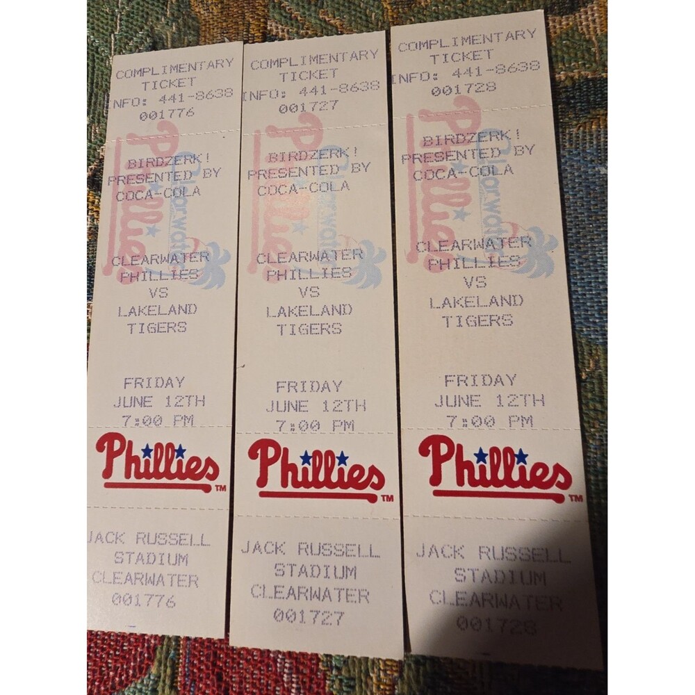 3 Clearwater Phillies Lakeland Tigers Tickets 90s Philadelphia Detroit